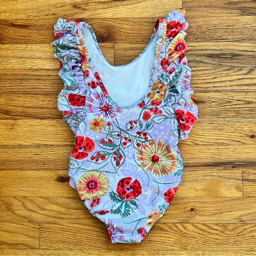 Gymboree Girls Floral Ruffle One-Piece Swimsuit Lavender Red Yellow Flowers 5/6